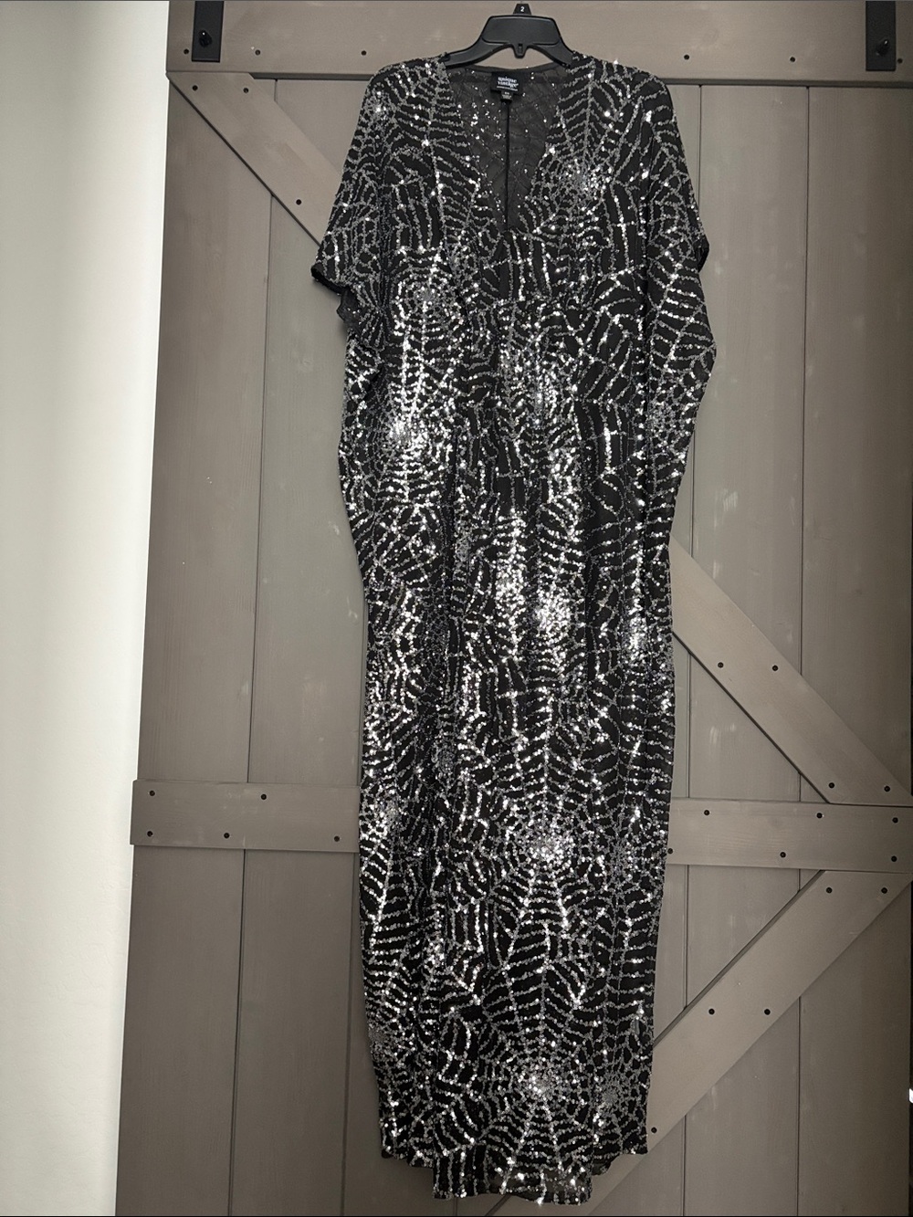 Unique Vintage Black & Silver Sequin Maxi Spiderweb Caftan
